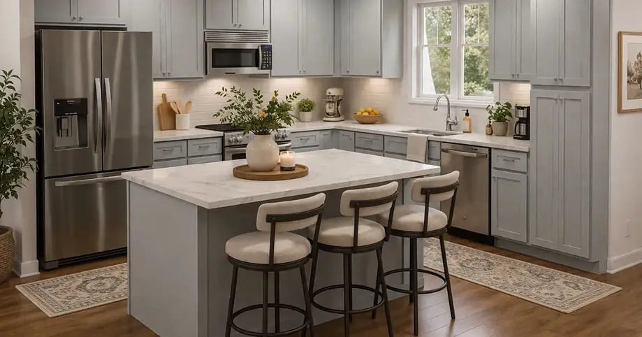 Light gray Shaker kitchen cabinets with a center island, marble countertops, stainless steel appliances, and a white subway tile backsplash