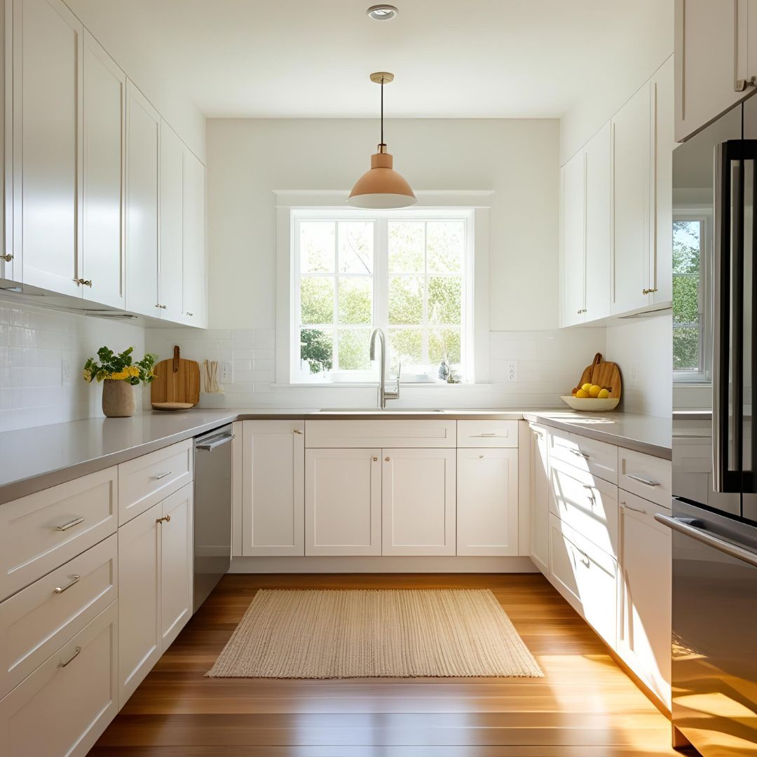 White Kitchen Cabinets with Wood Floors 