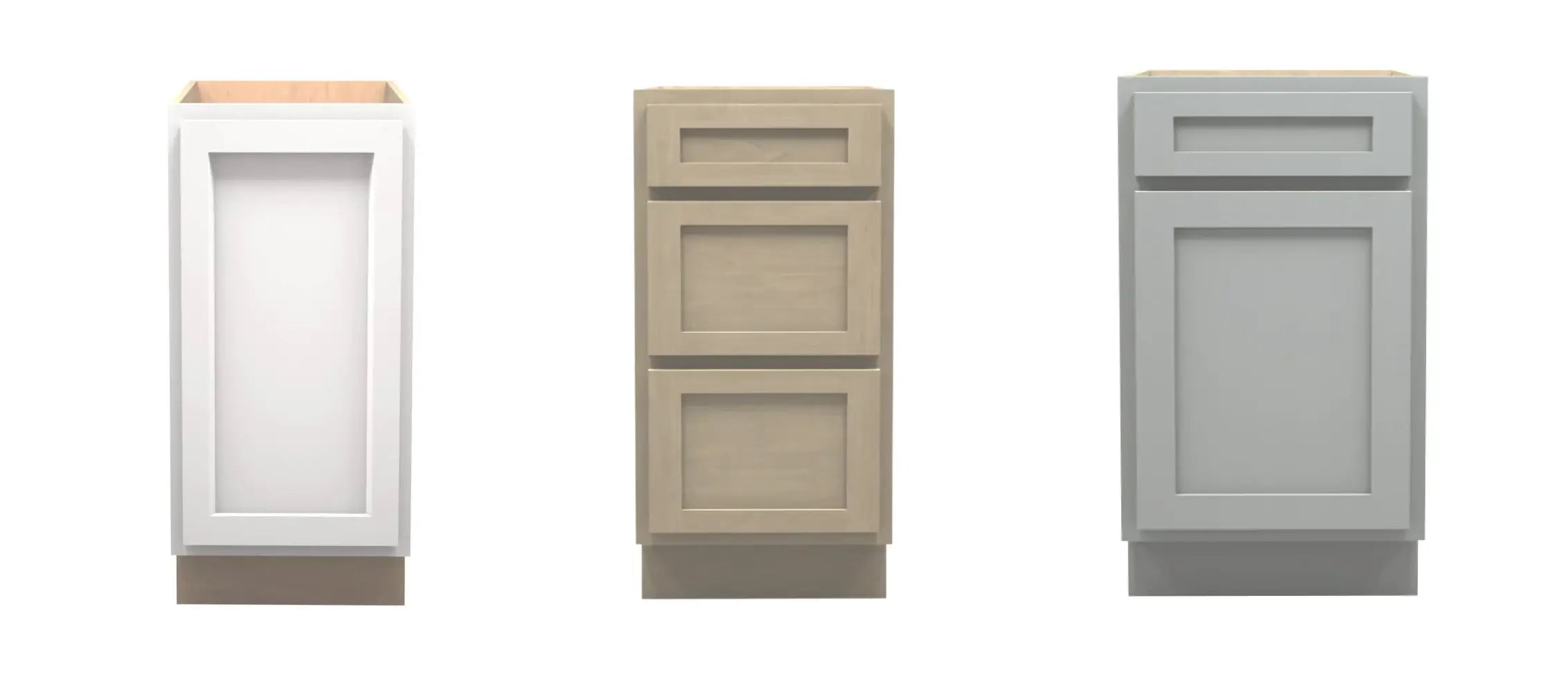 18-inch-deep base cabinets in three finishes: white Shaker, unfinished maple, and light gray Shaker