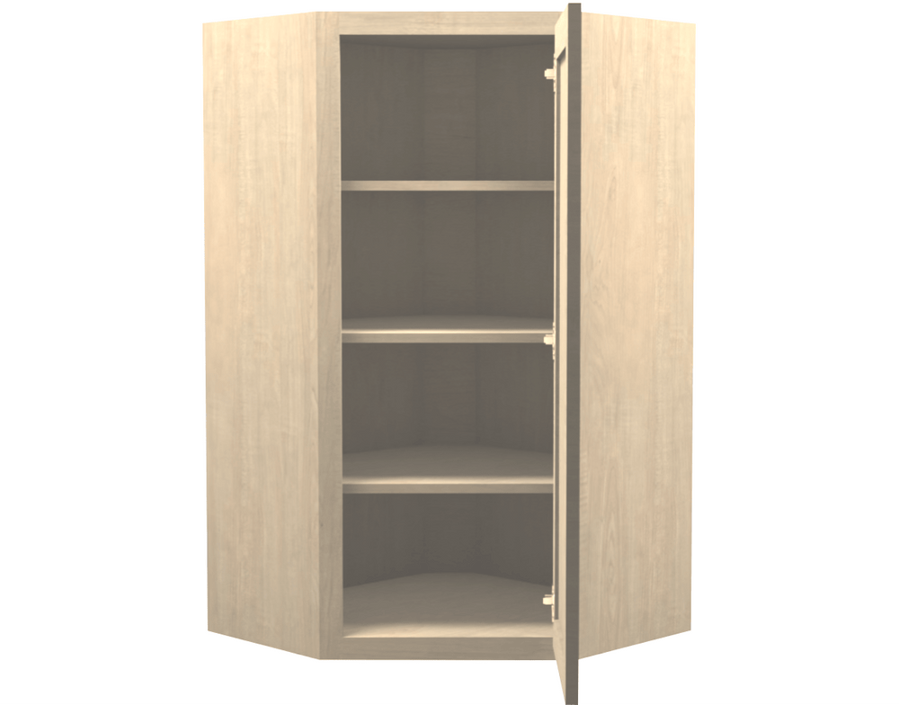 Unfinished Maple Wall Diagonal Corner Cabinet 42" Tall Open Door